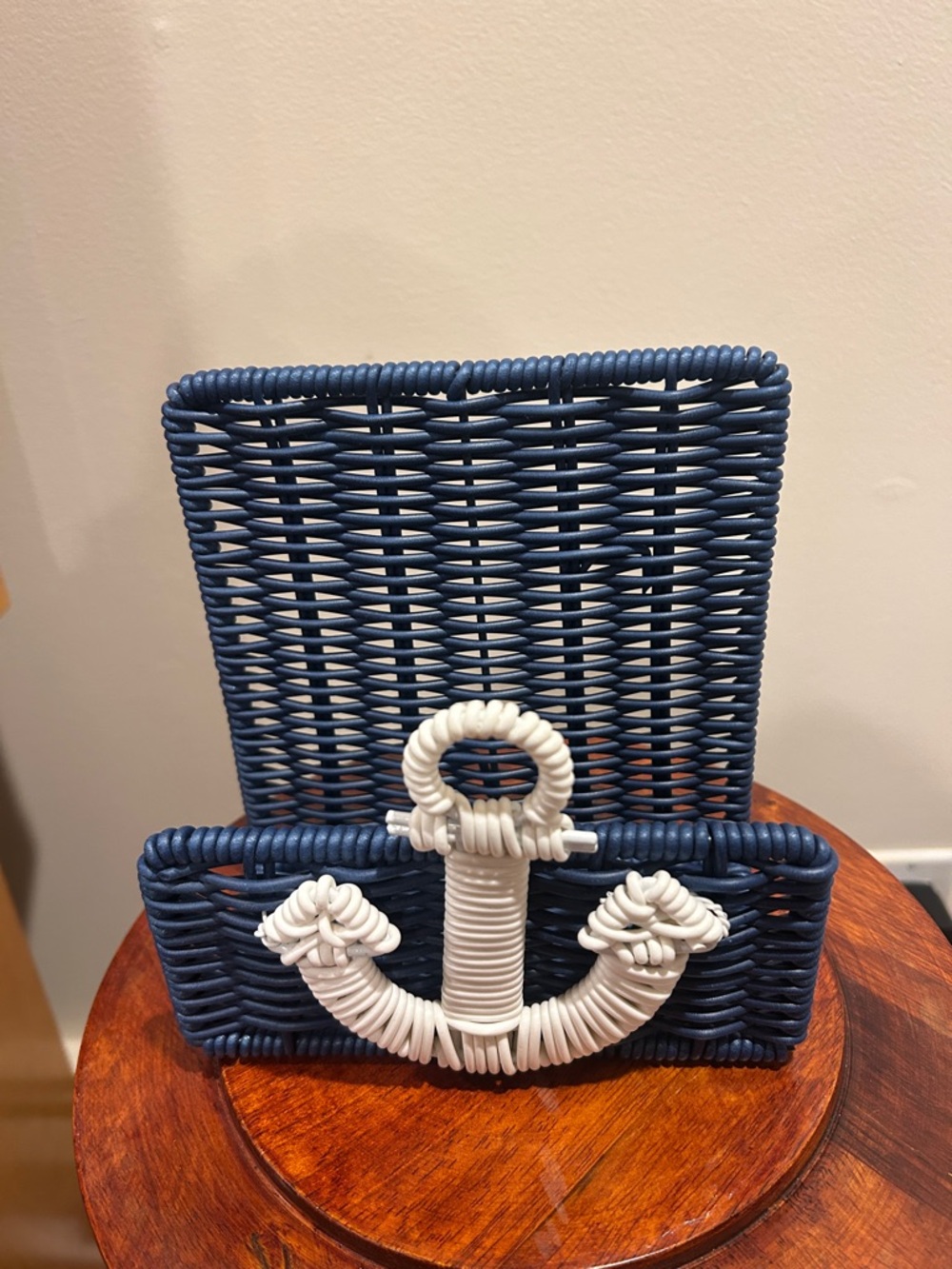 Nautical Blue Wicker Phone Stand with White Anchor Accent